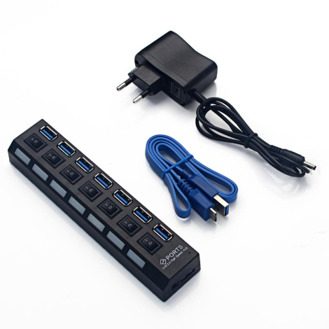USB 3.0 Hub, 7 porte, med strømforsyning