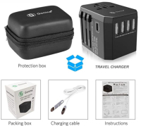 GoNine Rejseadapter m. 4 x USB lader 