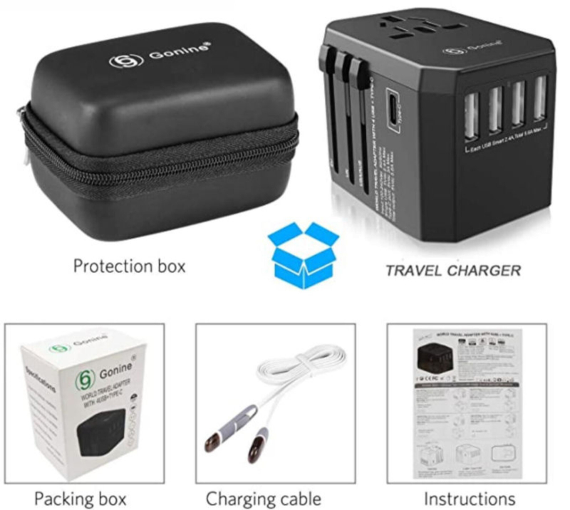 GoNine Rejseadapter m. 4 x USB lader 