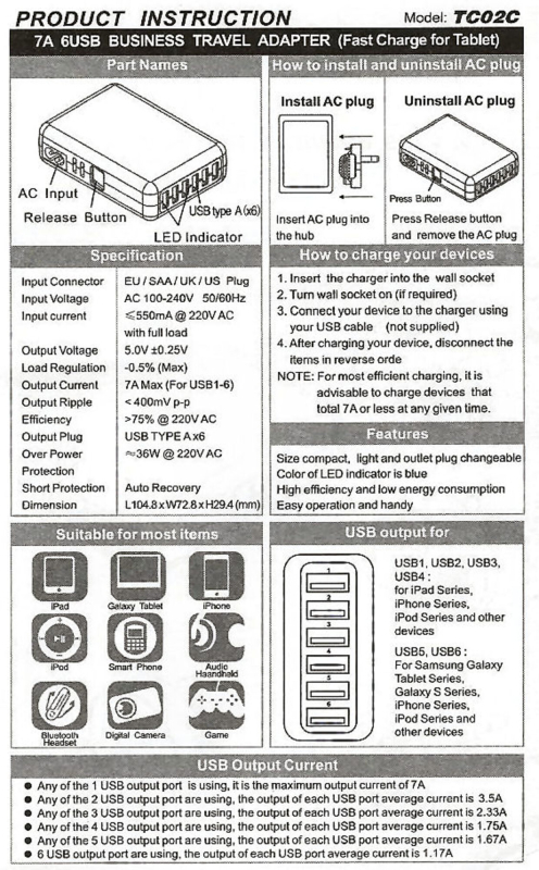 6-ports USB Lader 35W