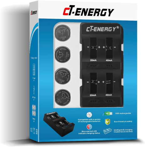 Knapbatteri oplader med 4 batterier LIR-2032