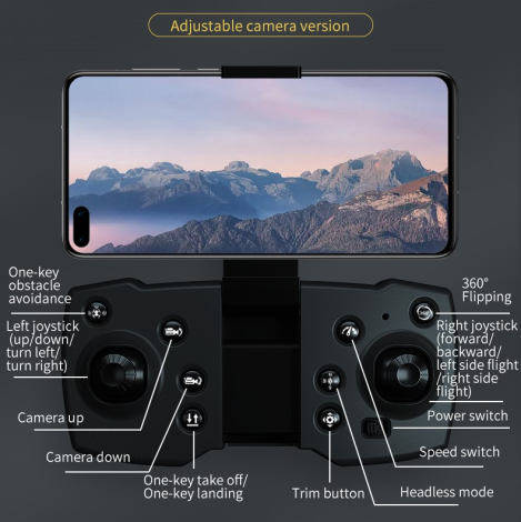 JJRC H106 med gimbal og 2 kameraer, fjernbetjening